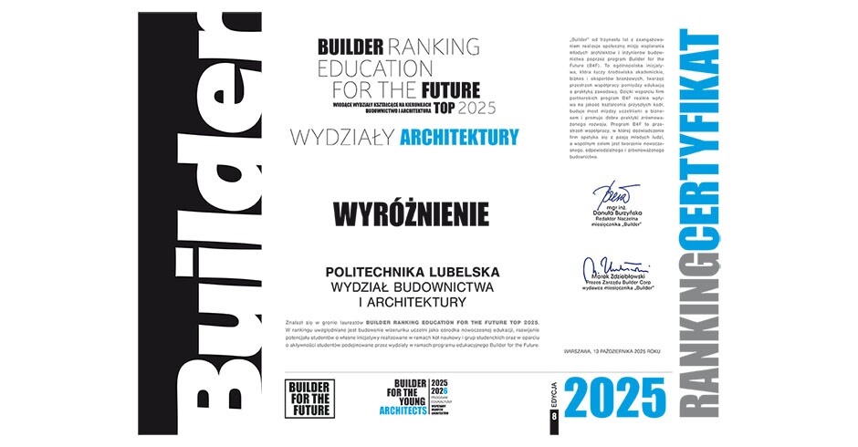 Wydział Budownictwa i Architektury Politechniki Lubelskiej wyróżniony w rankigu BUILDER